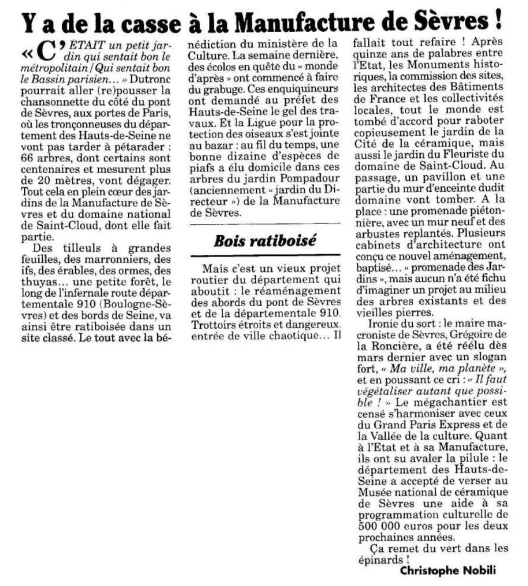 Article Canard enchaîné du 3 juin 2020 Promende Saint-Cloud - MNS