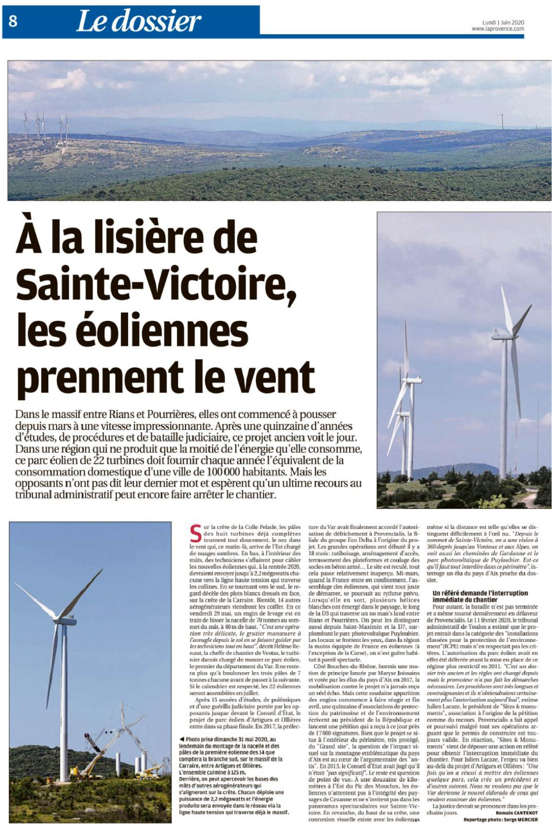 La Provence du 1er juin 2020, p. 8 (éolien à Sainte-Victoire)