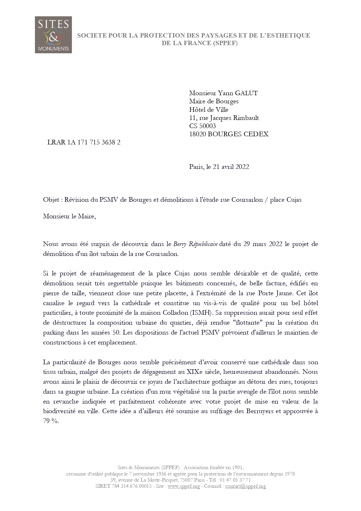 Courrier de Sites & Monuments au maire de Bourges du 21 avril 2022