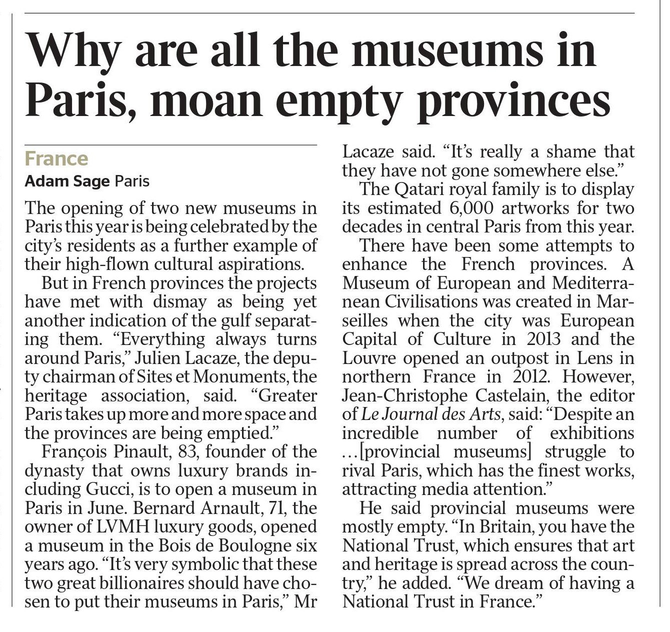 The Times, 15 février 2020, p. 44 - National Trust à la française (extrait)