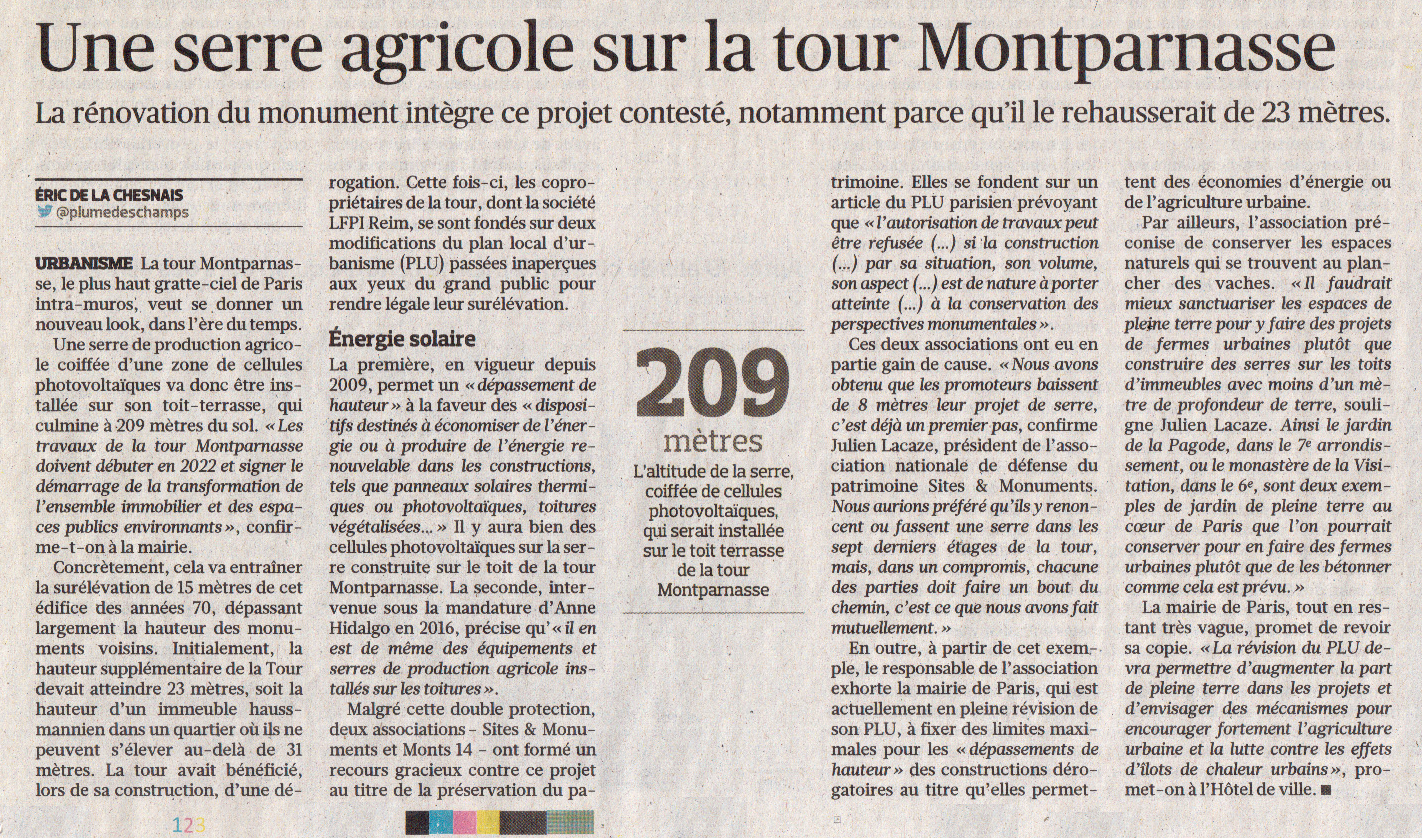 Le Figaro du 7 janvier 2021 - Surélévation tour Montparnasse