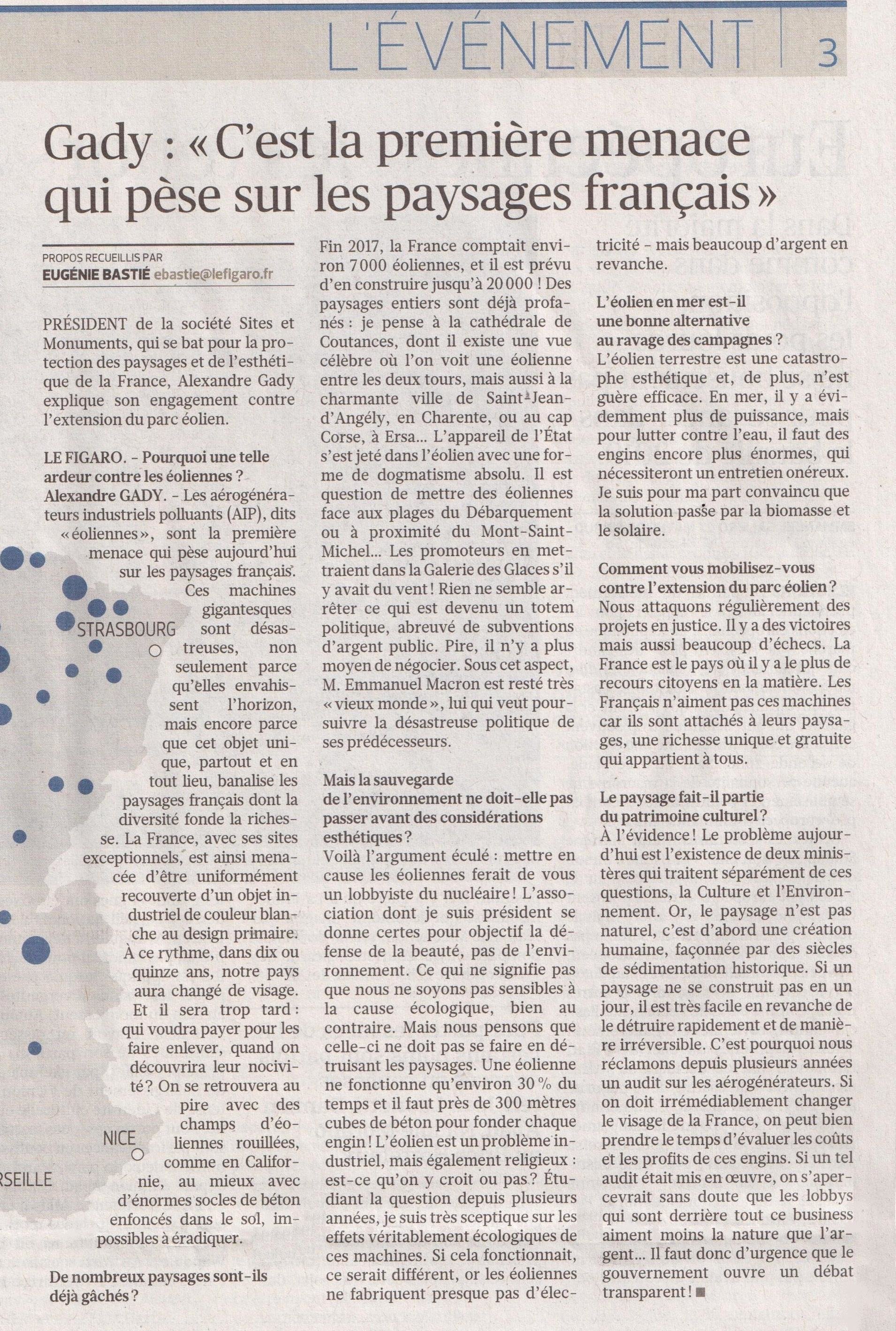 Le Figaro du 7 août 2018, éolennes, interview Alexandre Gady