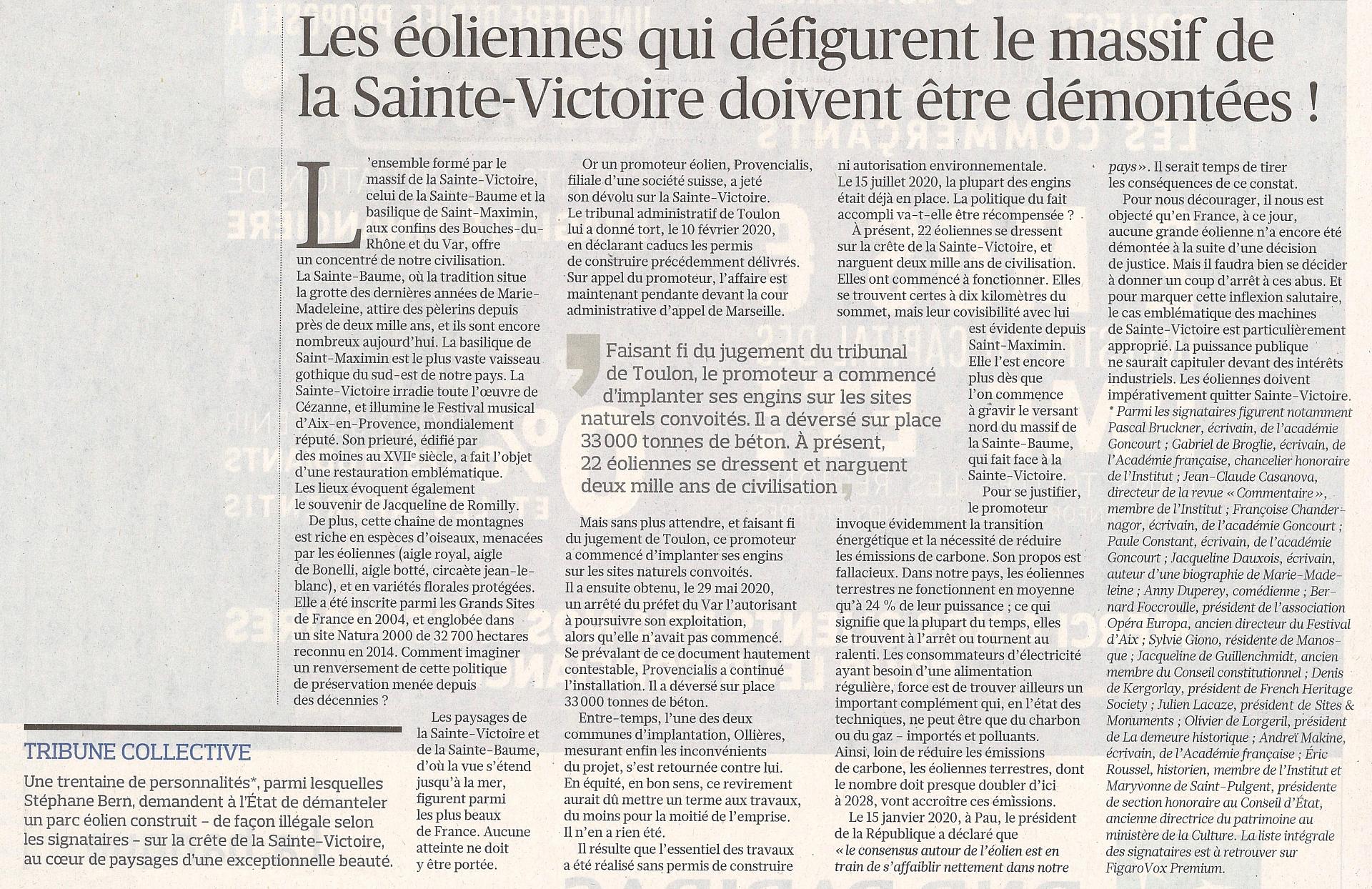 Le Figaro du 4 février 2021 Tribune éolien Sainte-Victoire