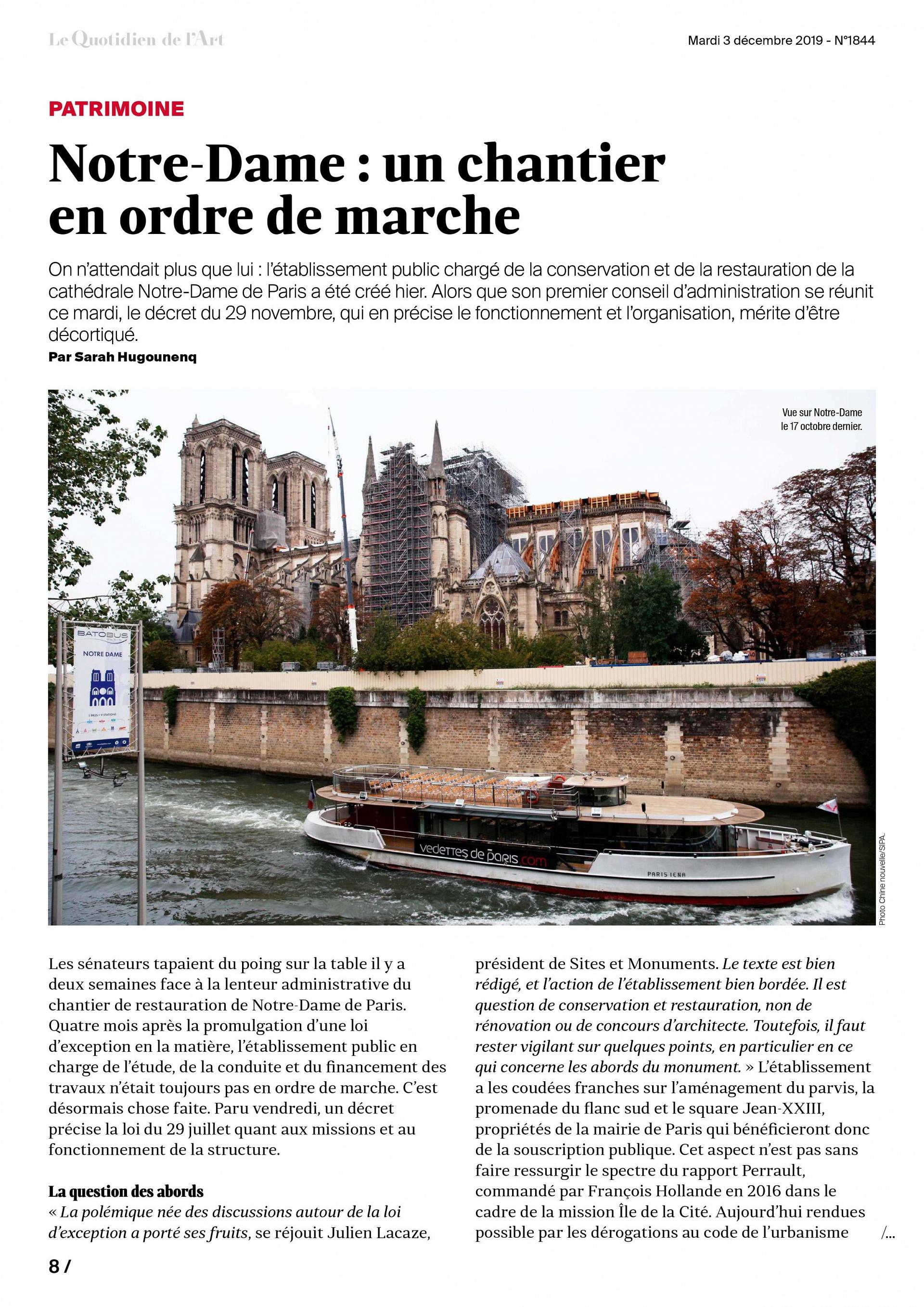 Le Quotidien de l'Art du 3 décembre 2019, décret Notre-Dame (1)