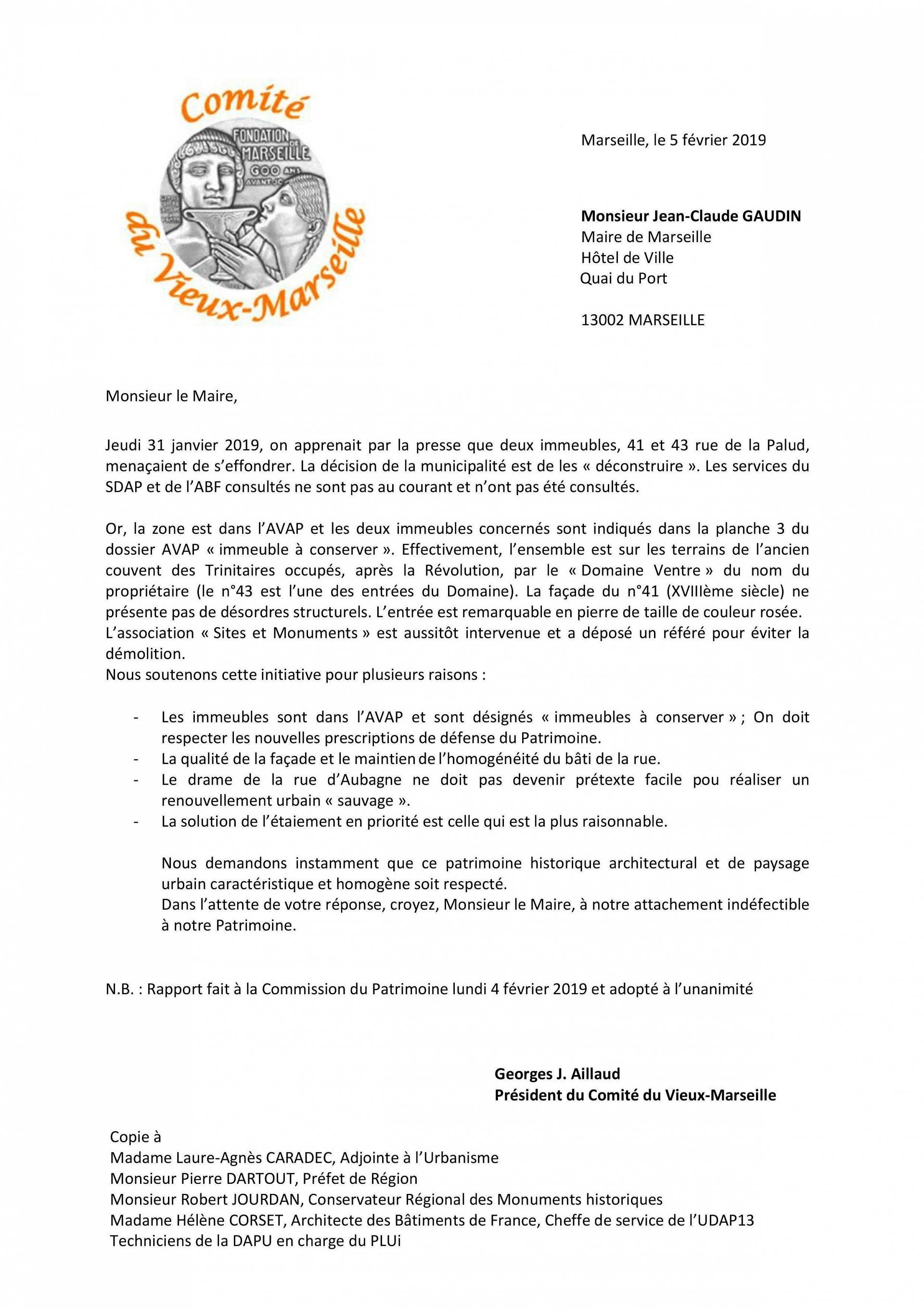 Lettre du Comité du Vieux Marseille à Jean-Claude Gaudin du 5 février 2019