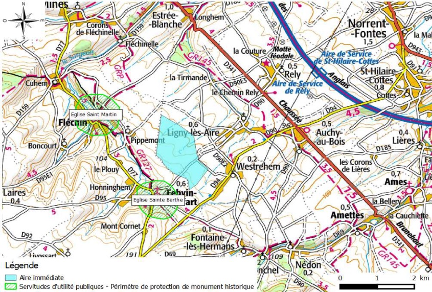 GR145 : Via Francigena. GR127 : Circuit de la Lys passant le long de la vallée du Puits sans Fond sentier de randonnée Monts et Campagnes. Source : Etude d'impact Projet éolien du Moulinet p. 11 (zone bleue : localisation du projet)